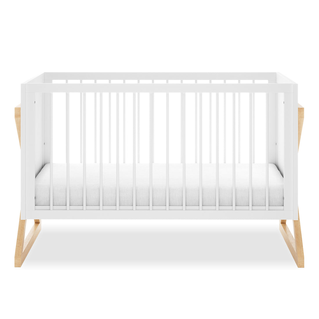 Aldwin Pine Adjustable Baby Cot - White/Natural, featuring white slatted side panels and a simple white mattress, supported by light-wood X-leg base, showcasing a modern and functional design.