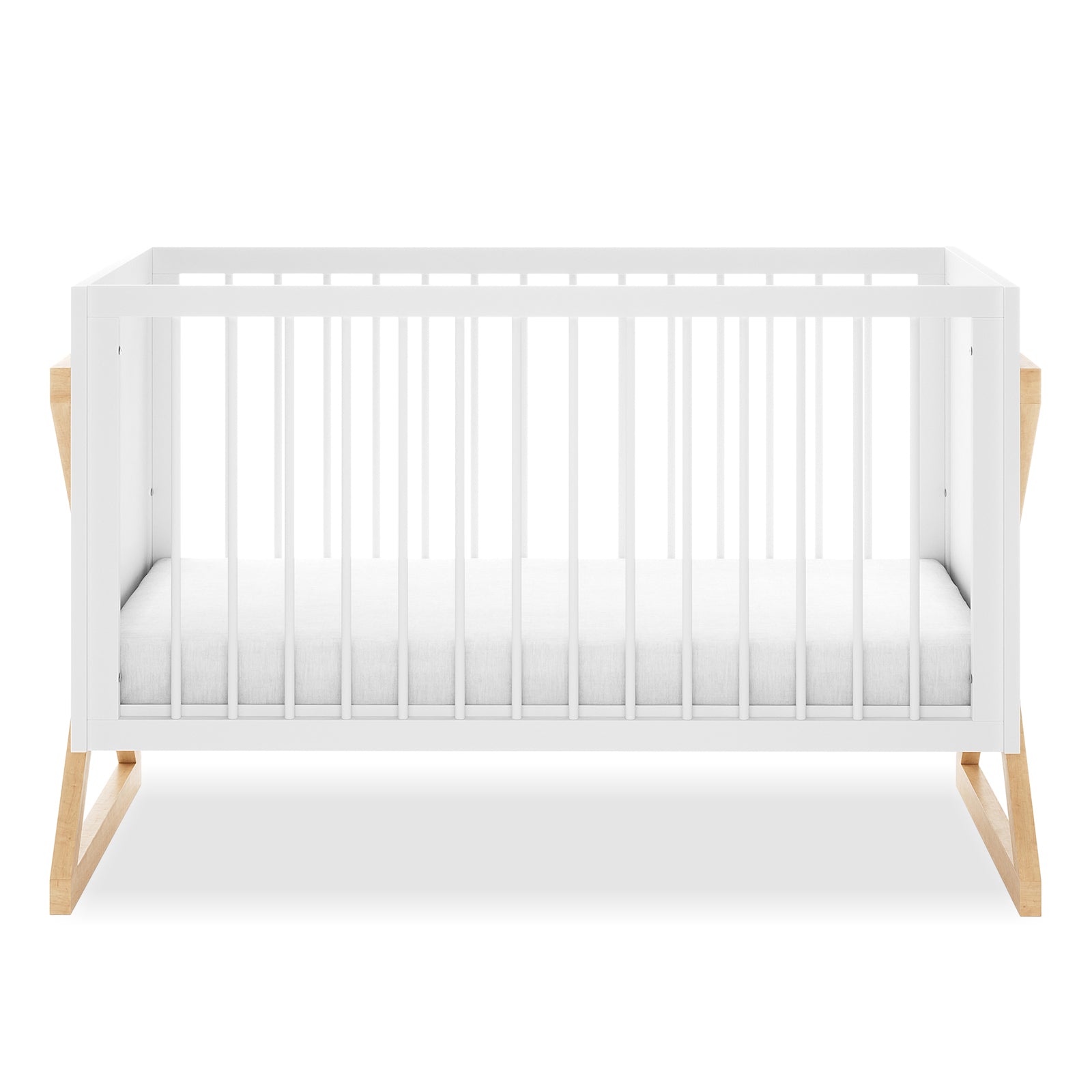 Aldwin Pine Adjustable Baby Cot - White/Natural, featuring white slatted side panels and a simple white mattress, supported by light-wood X-leg base, showcasing a modern and functional design.