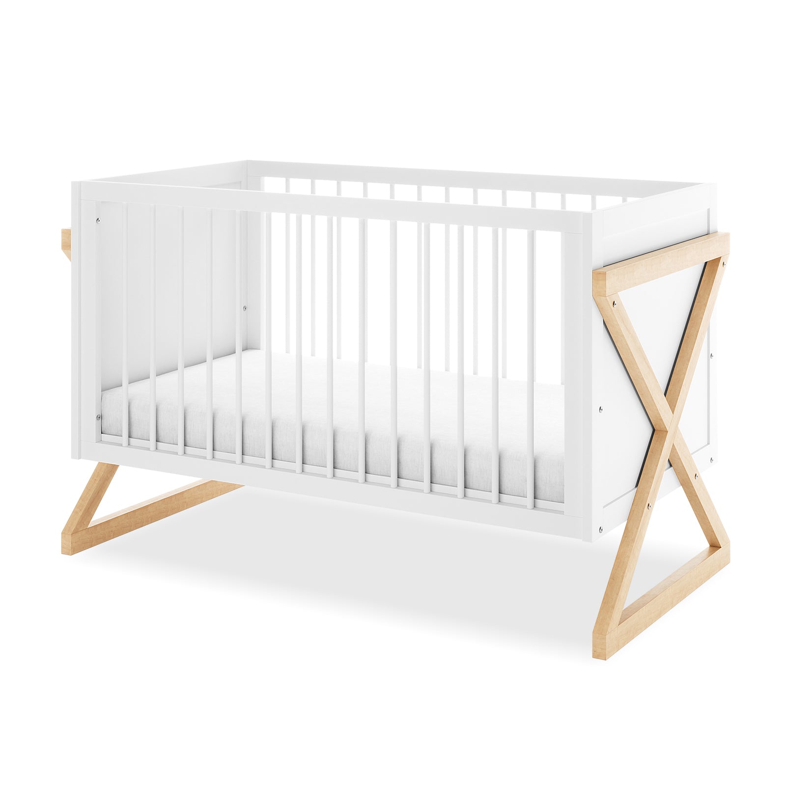 Aldwin Pine Adjustable Baby Cot - White/Natural features a sleek white frame with vertical slats, resting on X-shaped wooden legs, complemented by a thin white mattress pad for a modern nursery touch.
