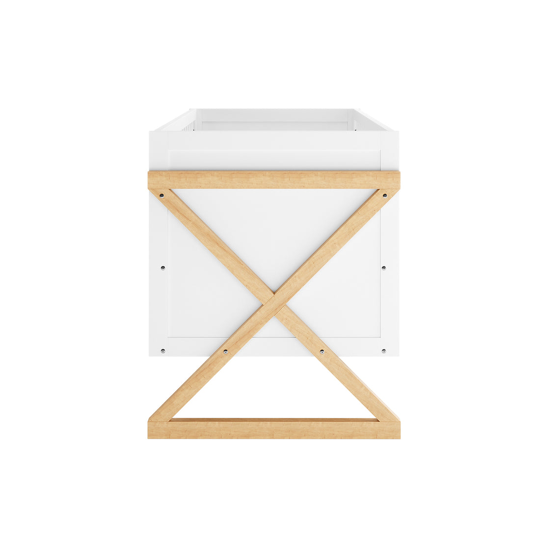 Aldwin Pine Adjustable Baby Cot - White/Natural, featuring a white wooden box design on a natural-wood X-leg frame, reflecting a modern, versatile nursery essential with adjustable and convertible features.