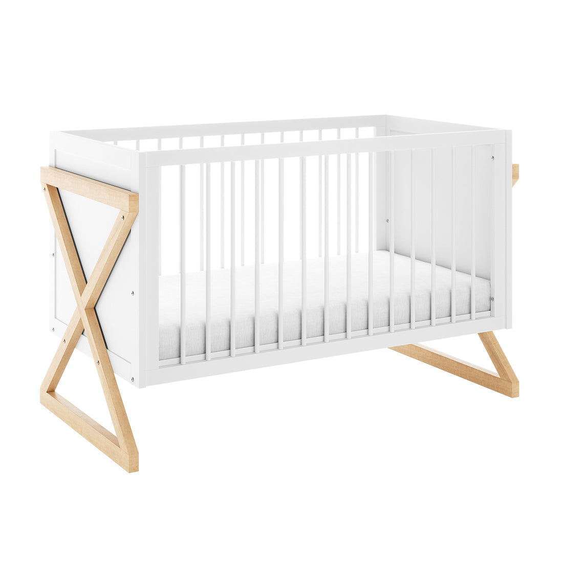 Aldwin Pine Adjustable Baby Cot - White/Natural: Modern crib with a white frame, vertical slats, and distinctive X-shaped natural wood legs, featuring an adjustable mattress height for growing babies.