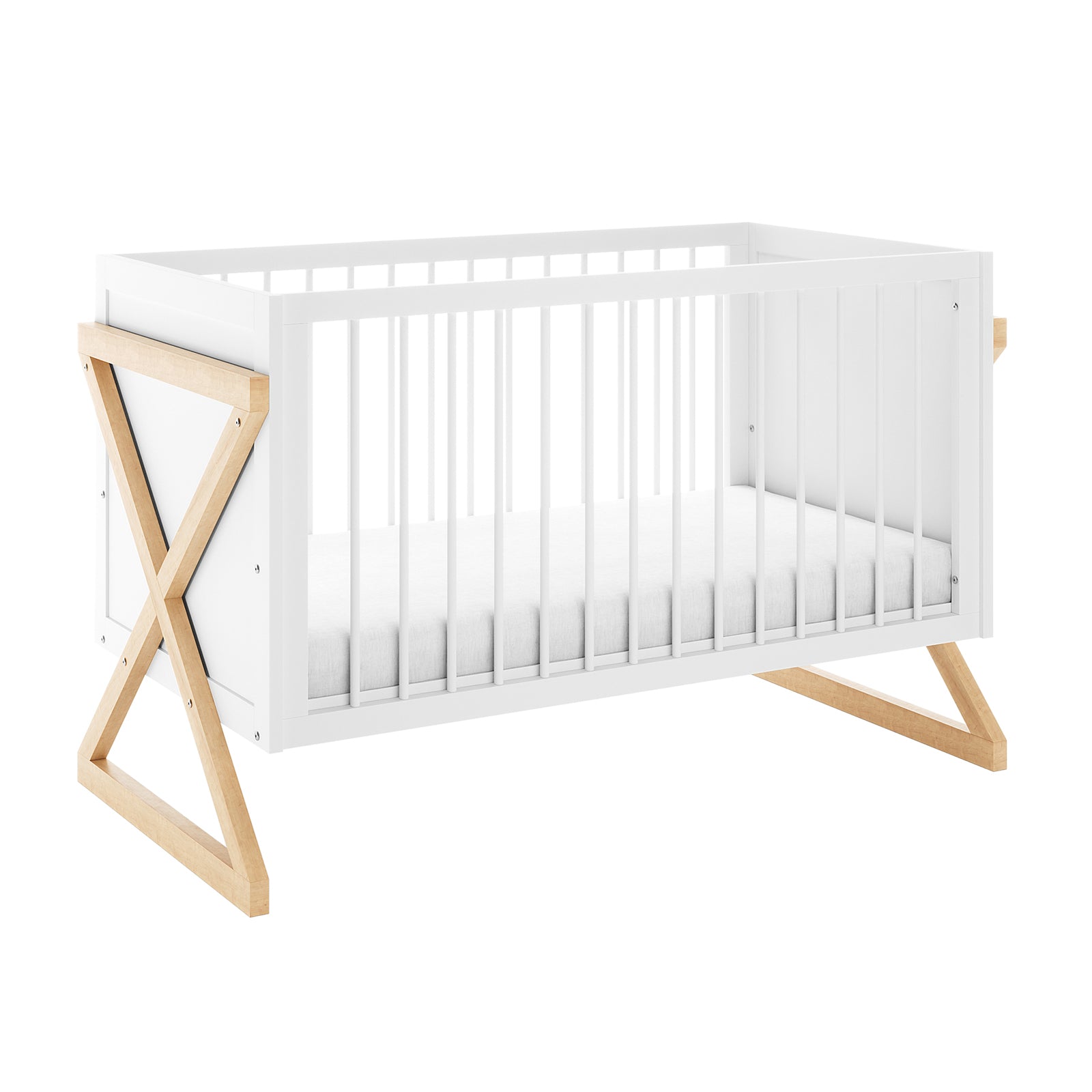Aldwin Pine Adjustable Baby Cot - White/Natural: Modern crib with a white frame, vertical slats, and distinctive X-shaped natural wood legs, featuring an adjustable mattress height for growing babies.