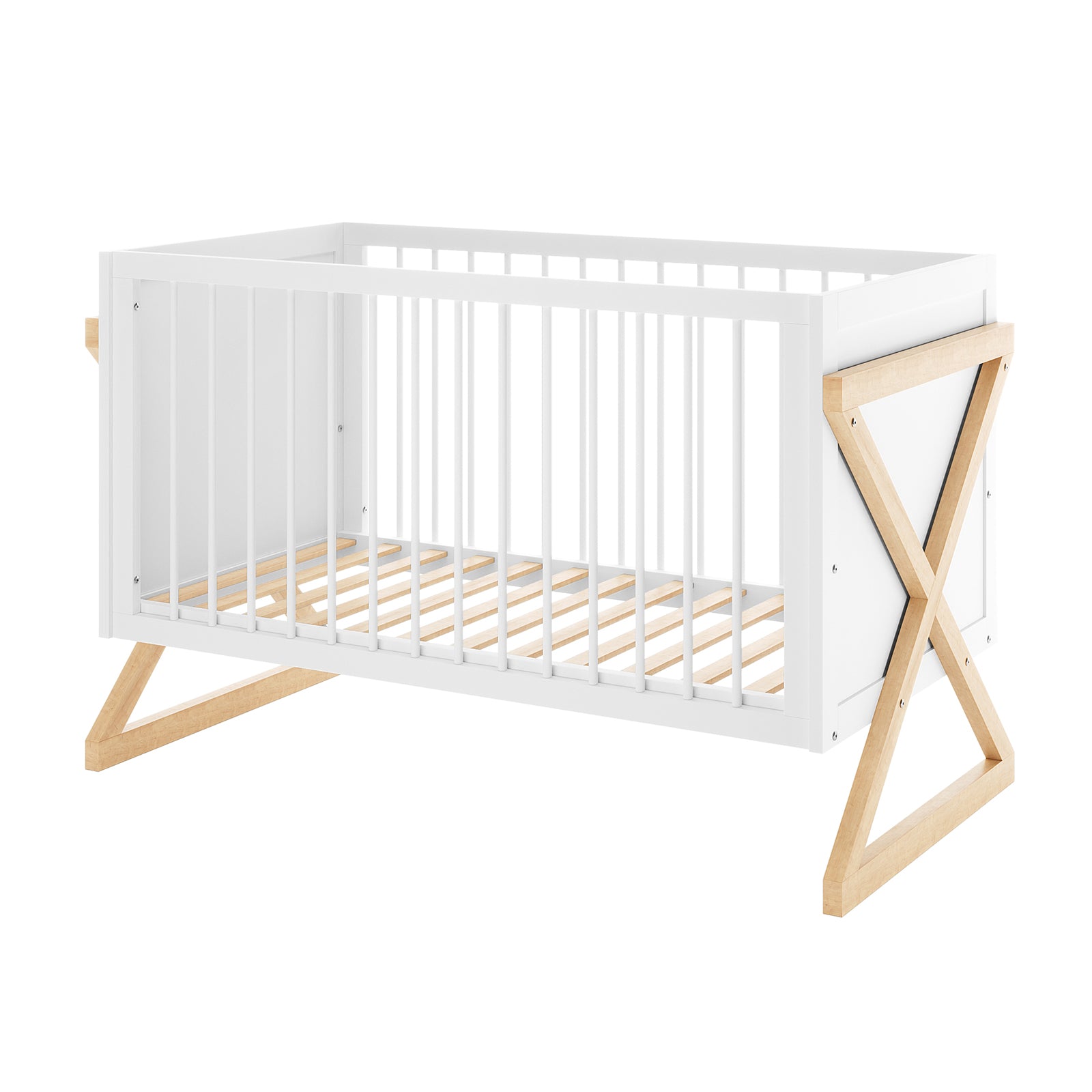 Aldwin Pine Adjustable Baby Cot - White/Natural features white slatted sides, natural-wood X-shaped legs, and supports, blending modern aesthetics with durability for a stylish nursery centerpiece.