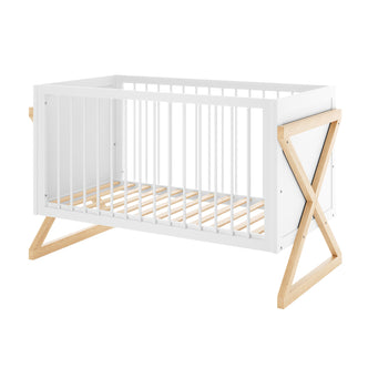 Aldwin Pine Adjustable Baby Cot - White/Natural features white slatted sides, natural-wood X-shaped legs, and supports, blending modern aesthetics with durability for a stylish nursery centerpiece.