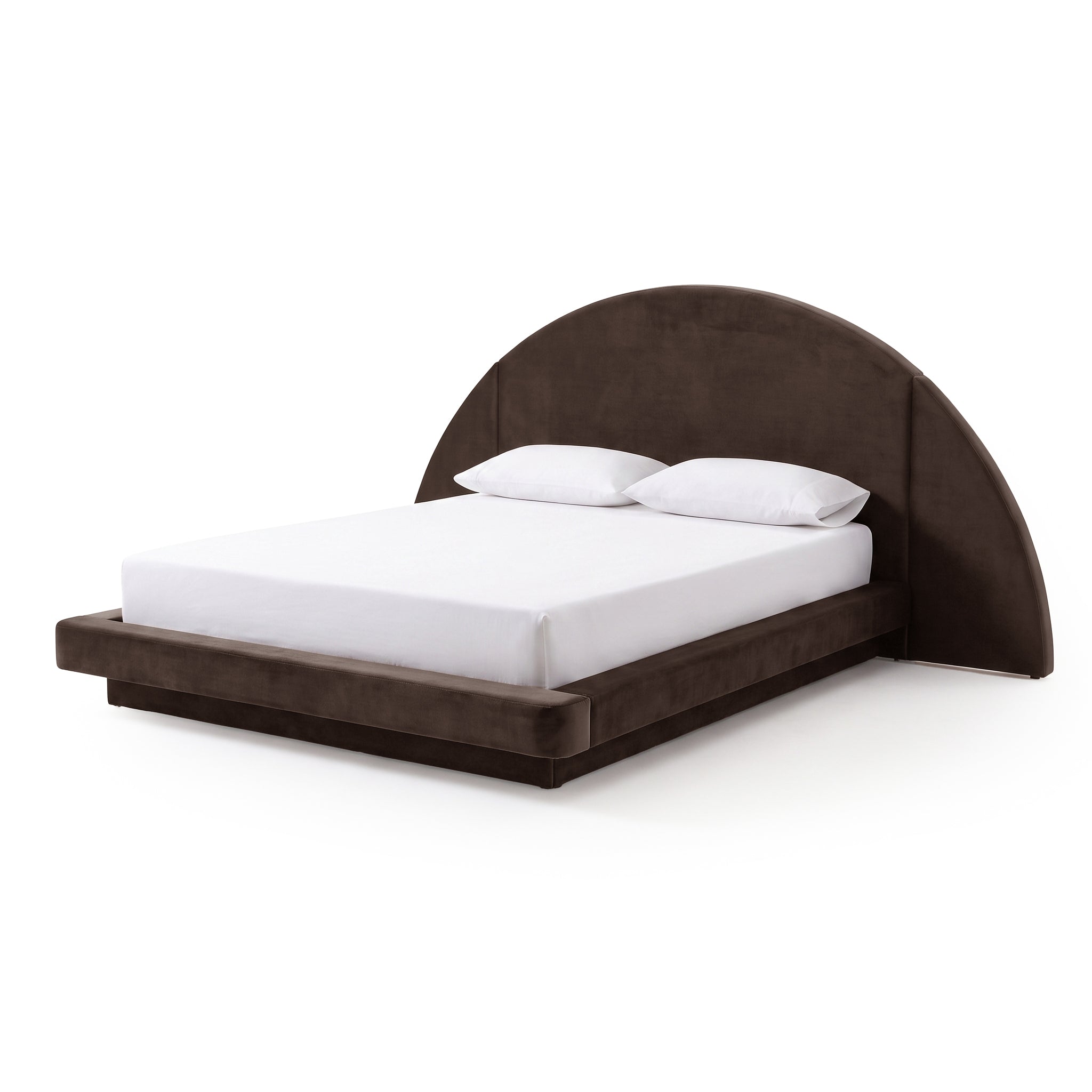 A dark brown velvet bed frame with an oversized half-moon headboard and a white mattress on a white background.