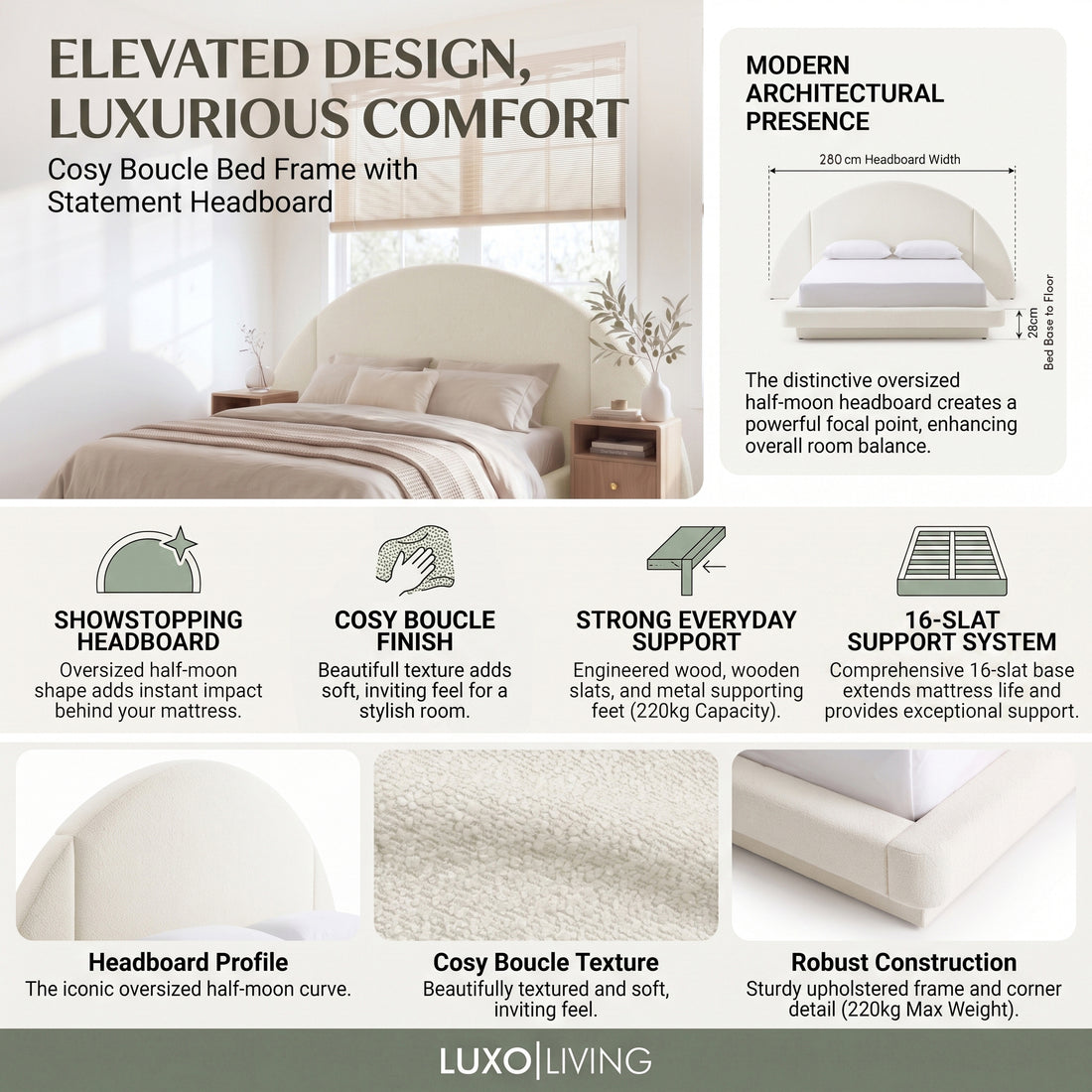 Alice Queen Platform Bed Frame in Boucle Cream White