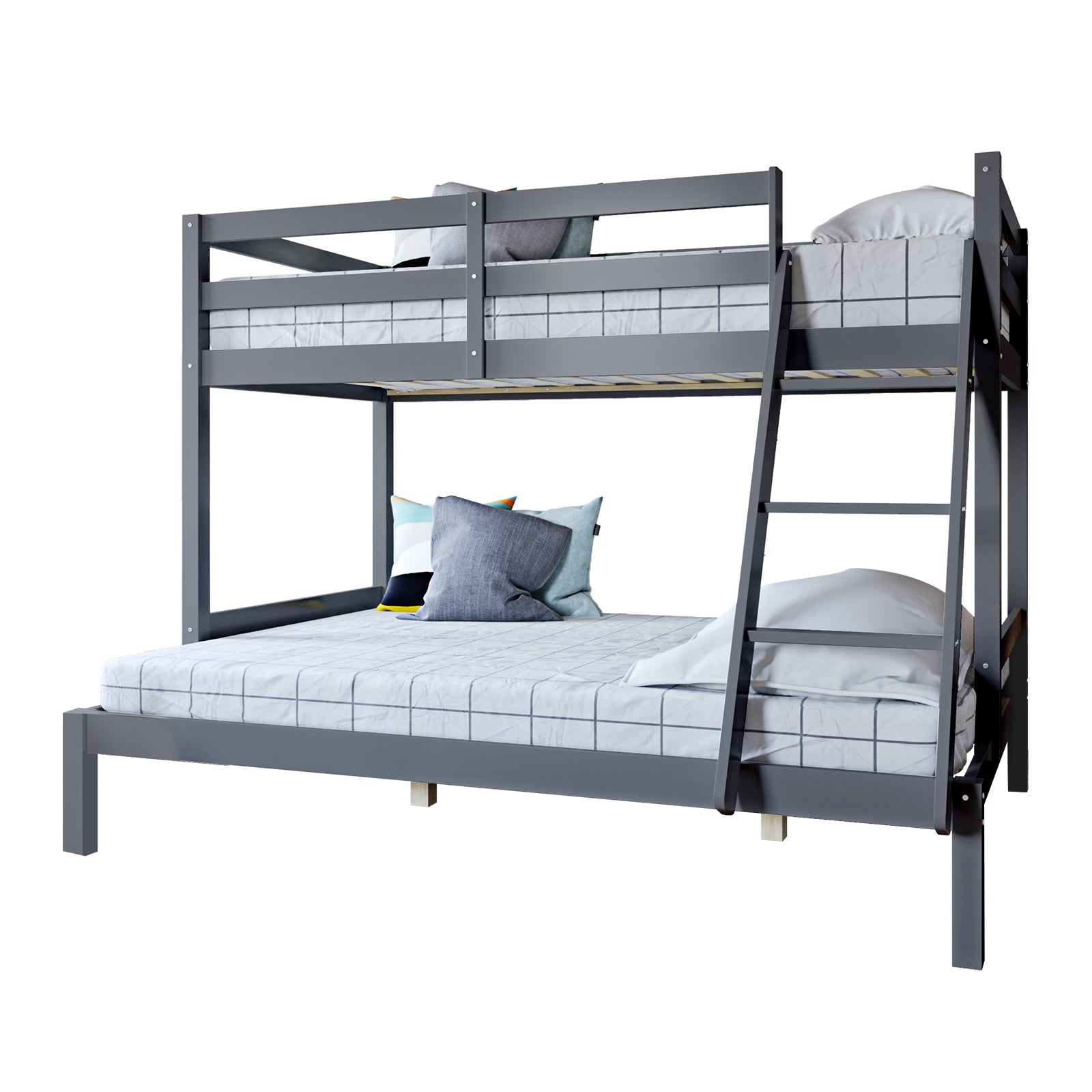Antonia Wooden Triple Bunk Bed - Grey, features a solid pine wood frame with a double-size bottom bunk and single-size top bunk, complemented by secure guard rails and a reversible ladder.
