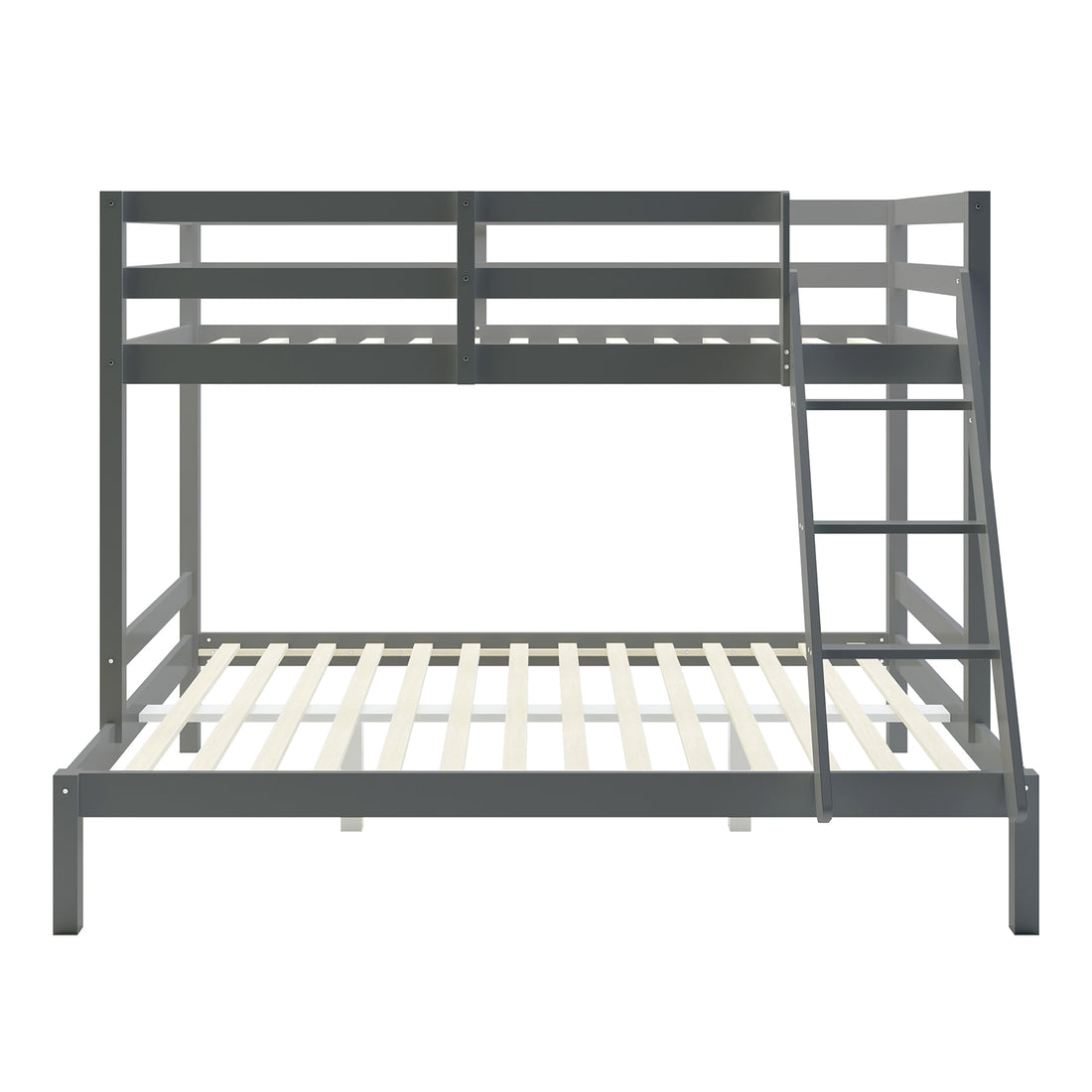 Antonia Wooden Triple Bunk Bed - Grey featuring a sturdy solid pine frame, spacious double bottom bunk, single top bunk, and a ladder, showcasing a sleek, modern design suitable for compact spaces.