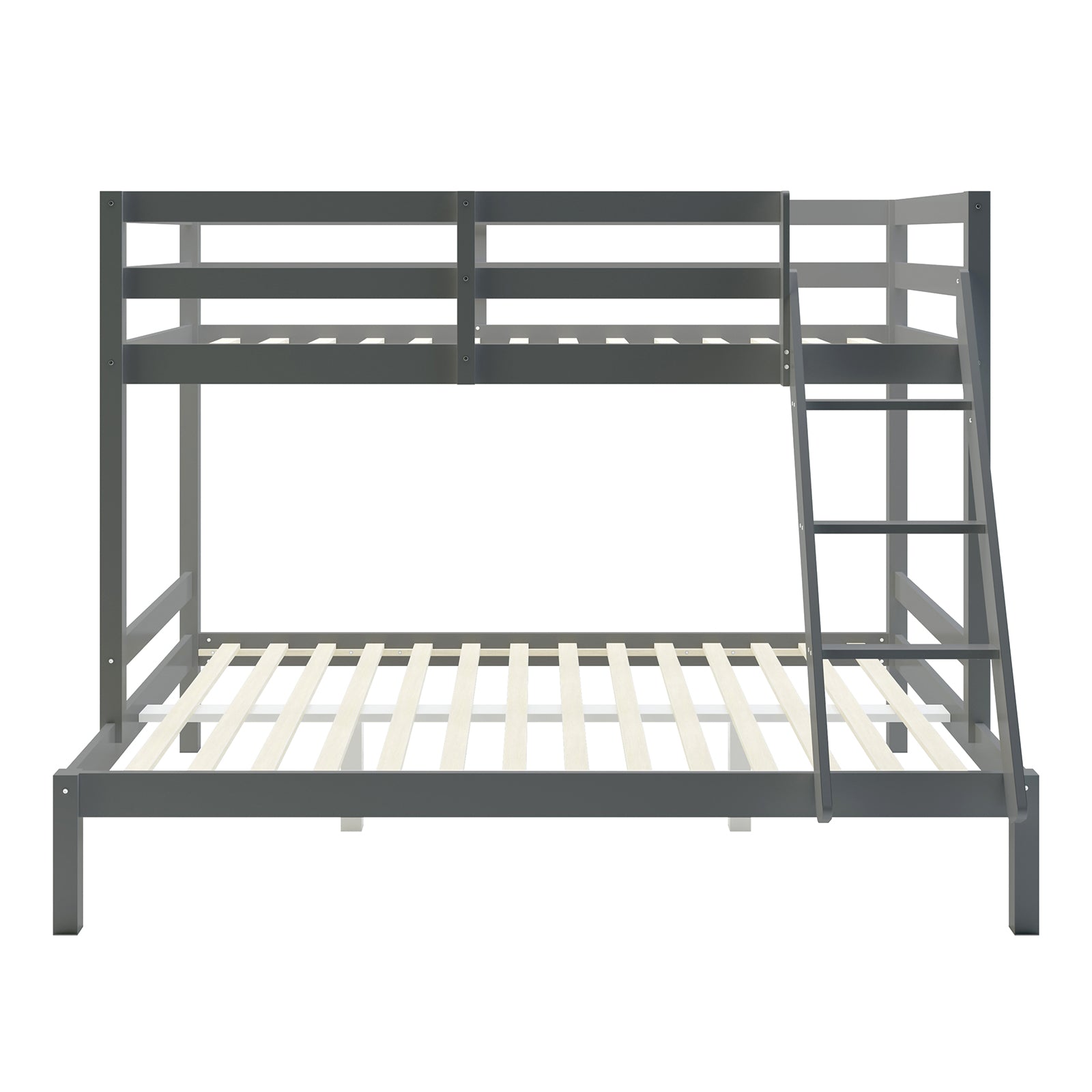 Antonia Wooden Triple Bunk Bed - Grey featuring a sturdy solid pine frame, spacious double bottom bunk, single top bunk, and a ladder, showcasing a sleek, modern design suitable for compact spaces.