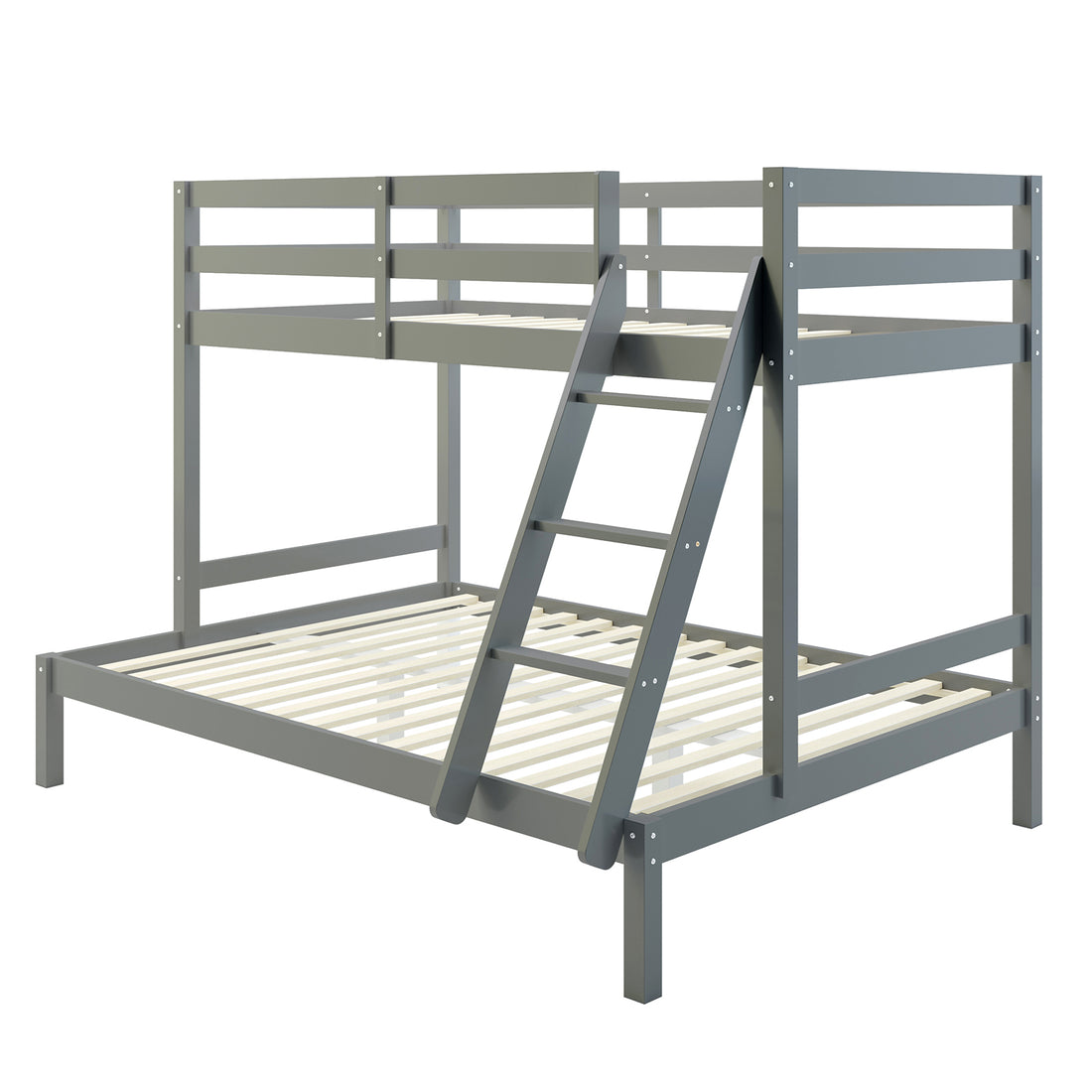 Antonia Wooden Triple Bunk Bed - Grey featuring a double bottom and single top bunk, solid pine frame, and a built-in ladder, designed for space-saving and accommodating up to three people.