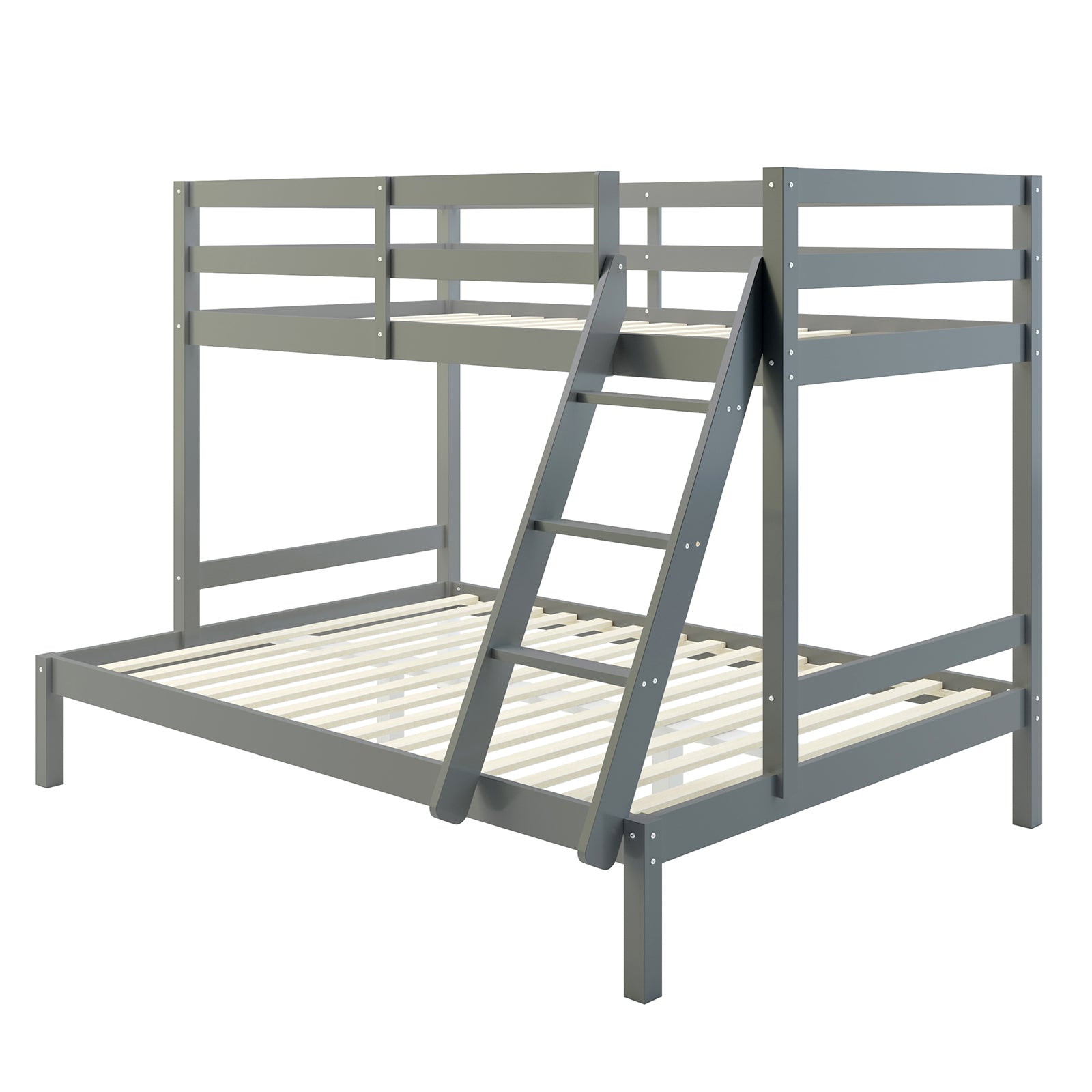 Antonia Wooden Triple Bunk Bed - Grey featuring a double bottom and single top bunk, solid pine frame, and a built-in ladder, designed for space-saving and accommodating up to three people.
