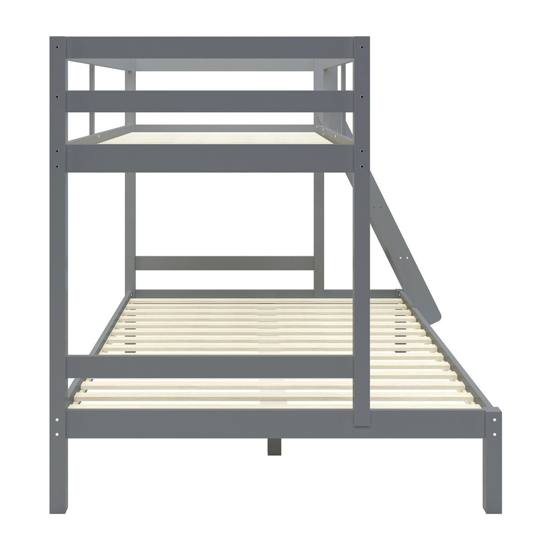 Antonia Wooden Triple Bunk Bed - Grey: A close-up of a sturdy grey bunk bed featuring a double bottom bunk, single top bunk, safety guard rails, and a reversible ladder, designed for compact spaces.