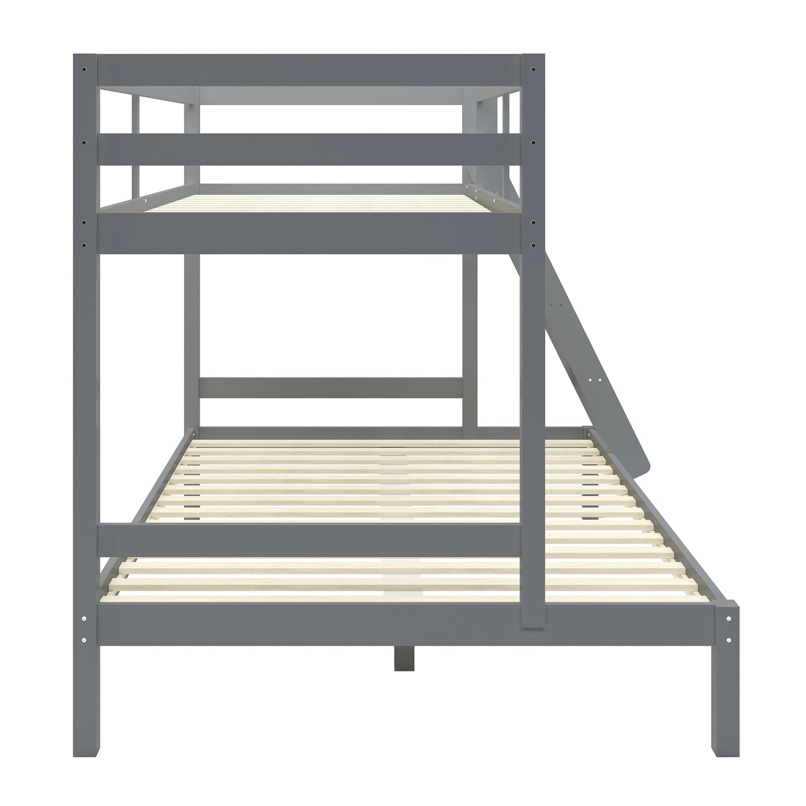 Antonia Wooden Triple Bunk Bed - Grey: A close-up of a sturdy grey bunk bed featuring a double bottom bunk, single top bunk, safety guard rails, and a reversible ladder, designed for compact spaces.