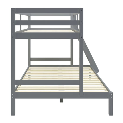 Antonia Wooden Triple Bunk Bed - Grey: A close-up of a sturdy grey bunk bed featuring a double bottom bunk, single top bunk, safety guard rails, and a reversible ladder, designed for compact spaces.
