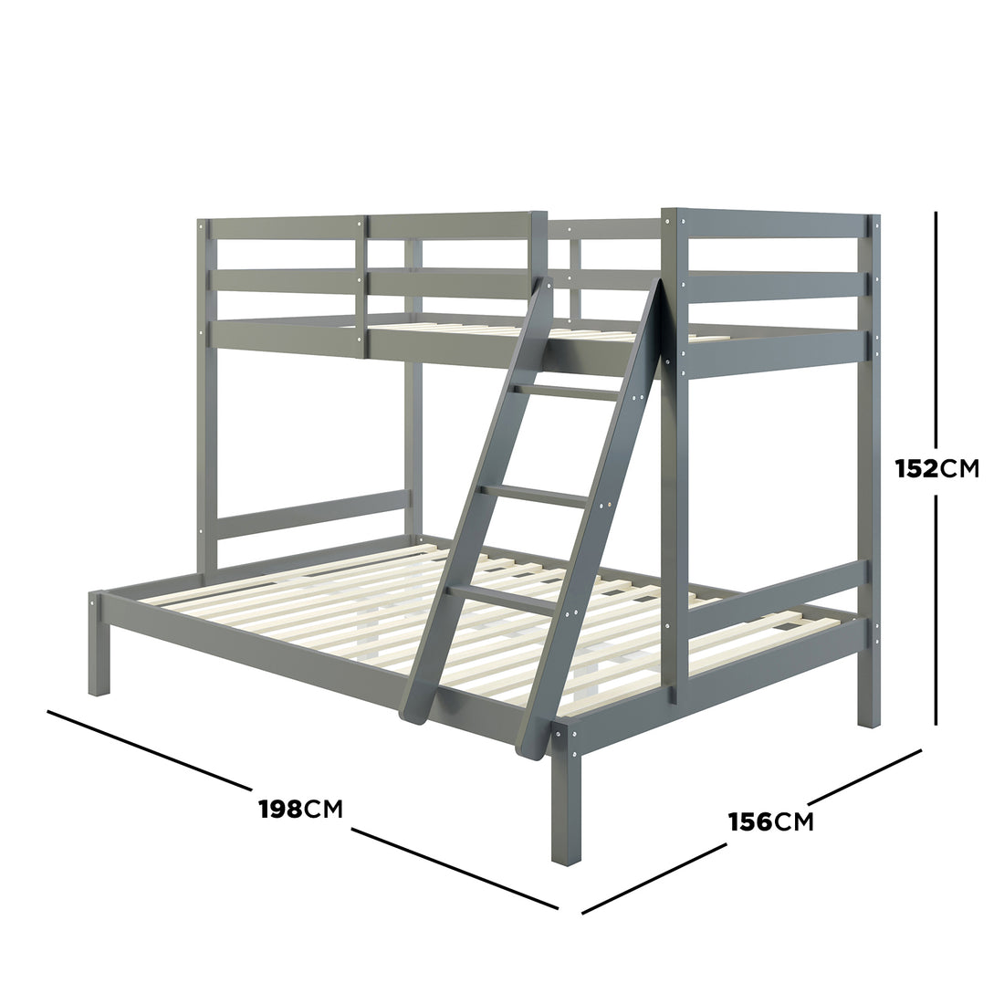 Antonia Wooden Triple Bunk Bed - Grey features a grey solid pine frame with a double bottom bunk, single top bunk, secure guard rails, and a reversible ladder, offering a stylish, space-saving design.