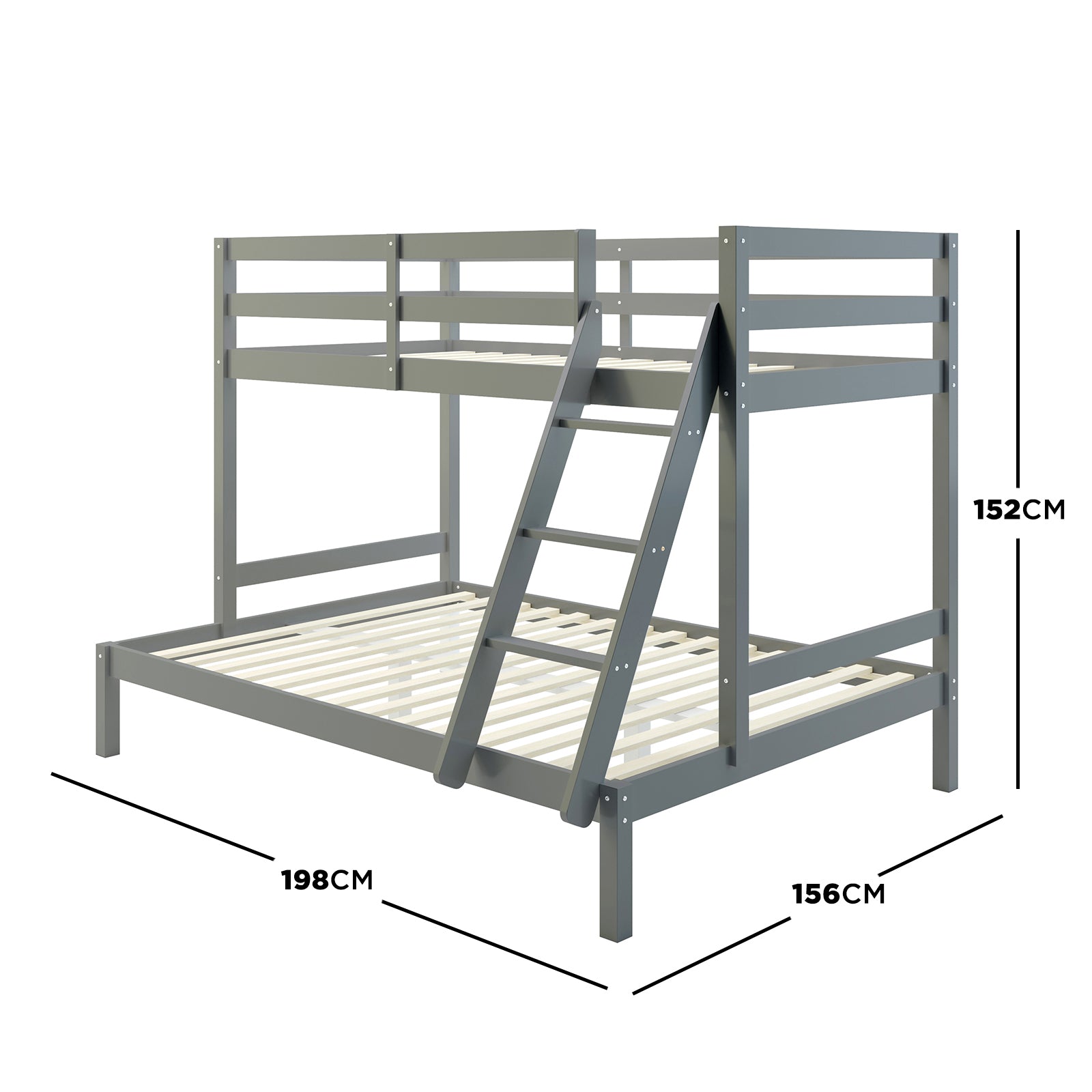 Antonia Wooden Triple Bunk Bed - Grey features a grey solid pine frame with a double bottom bunk, single top bunk, secure guard rails, and a reversible ladder, offering a stylish, space-saving design.