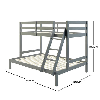 Antonia Wooden Triple Bunk Bed - Grey features a grey solid pine frame with a double bottom bunk, single top bunk, secure guard rails, and a reversible ladder, offering a stylish, space-saving design.