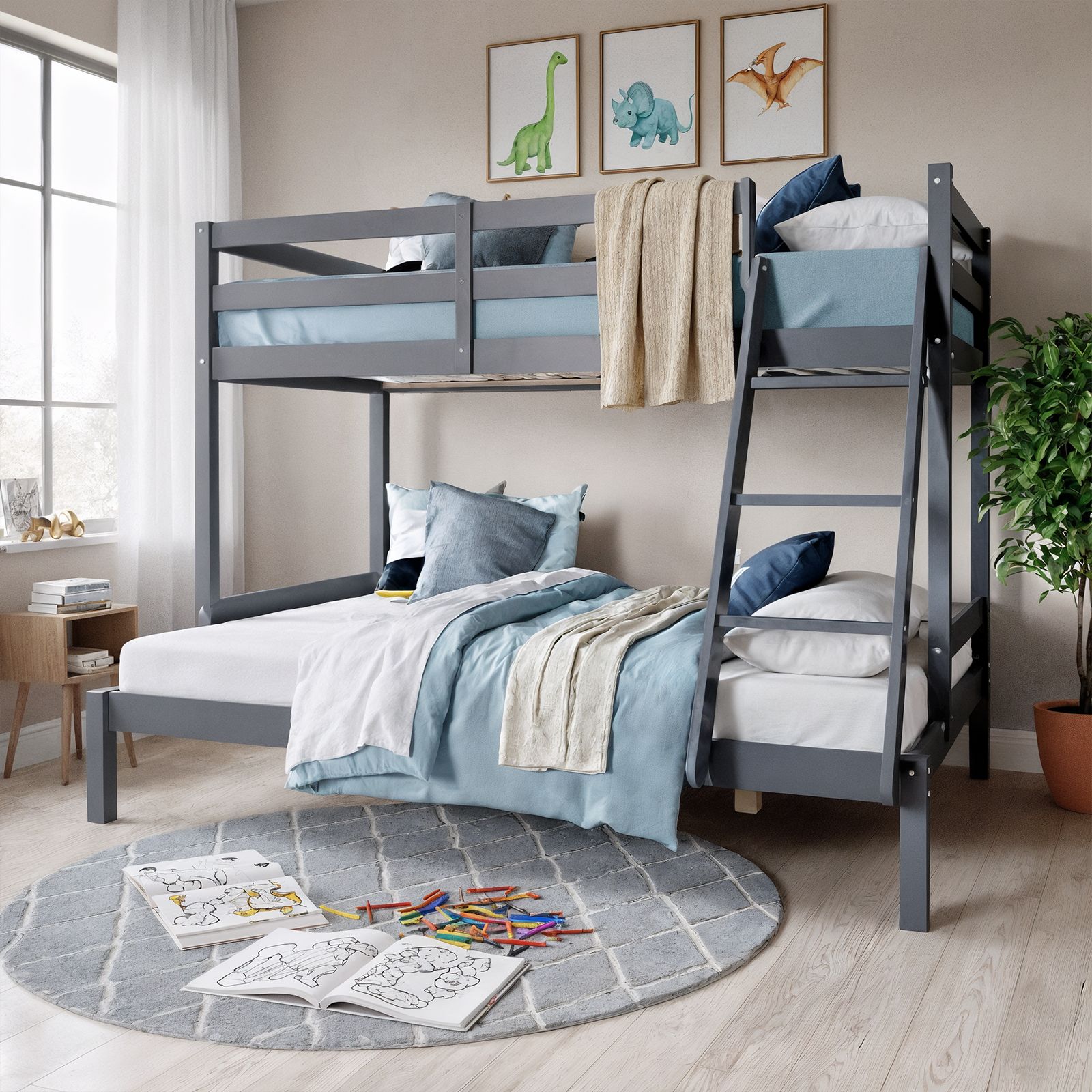 Antonia Solid Pine Wood Triple Bunk Bed in Grey shown in a child's room, featuring a twin-over-full design with pale blue bedding, complemented by dinosaur prints above and a soft rug below.