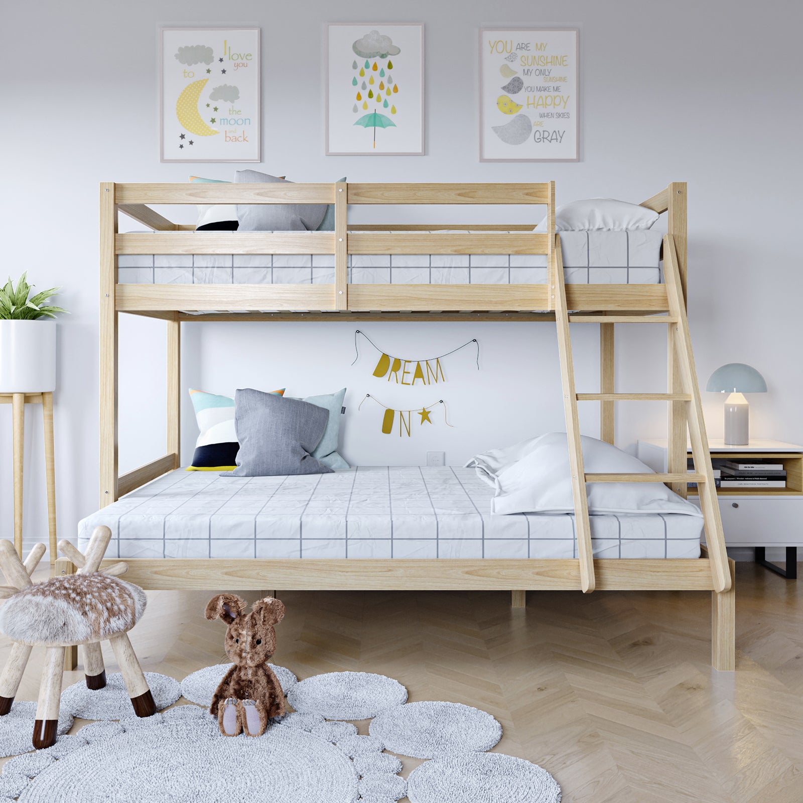 Antonia Solid Pine Wood Triple Bunk Bed in Natural, showcasing a double bottom bunk and single top bunk, with sturdy guard rails and a reversible ladder, emphasizing its robust and space-efficient design.
