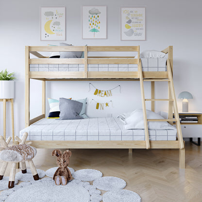 Antonia Solid Pine Wood Triple Bunk Bed in Natural, showcasing a double bottom bunk and single top bunk, with sturdy guard rails and a reversible ladder, emphasizing its robust and space-efficient design.