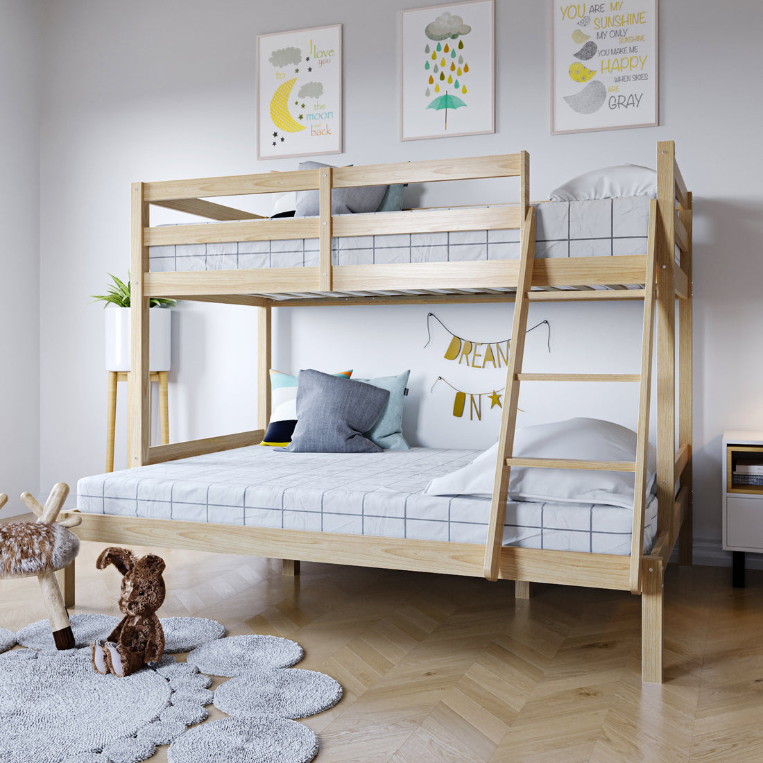 Antonia Wooden Triple Bunk Bed - Natural shown in a room, featuring a sturdy pine wood frame with a double-size bottom and single-size top bunk, complete with guard rails and a ladder.