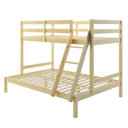 Antonia Solid Pine Wood Triple Bunk Bed - Natural features a sturdy wooden frame with a double bottom and single top bunk, reversible ladder, and guard rails for safety, maximizing space efficiently.