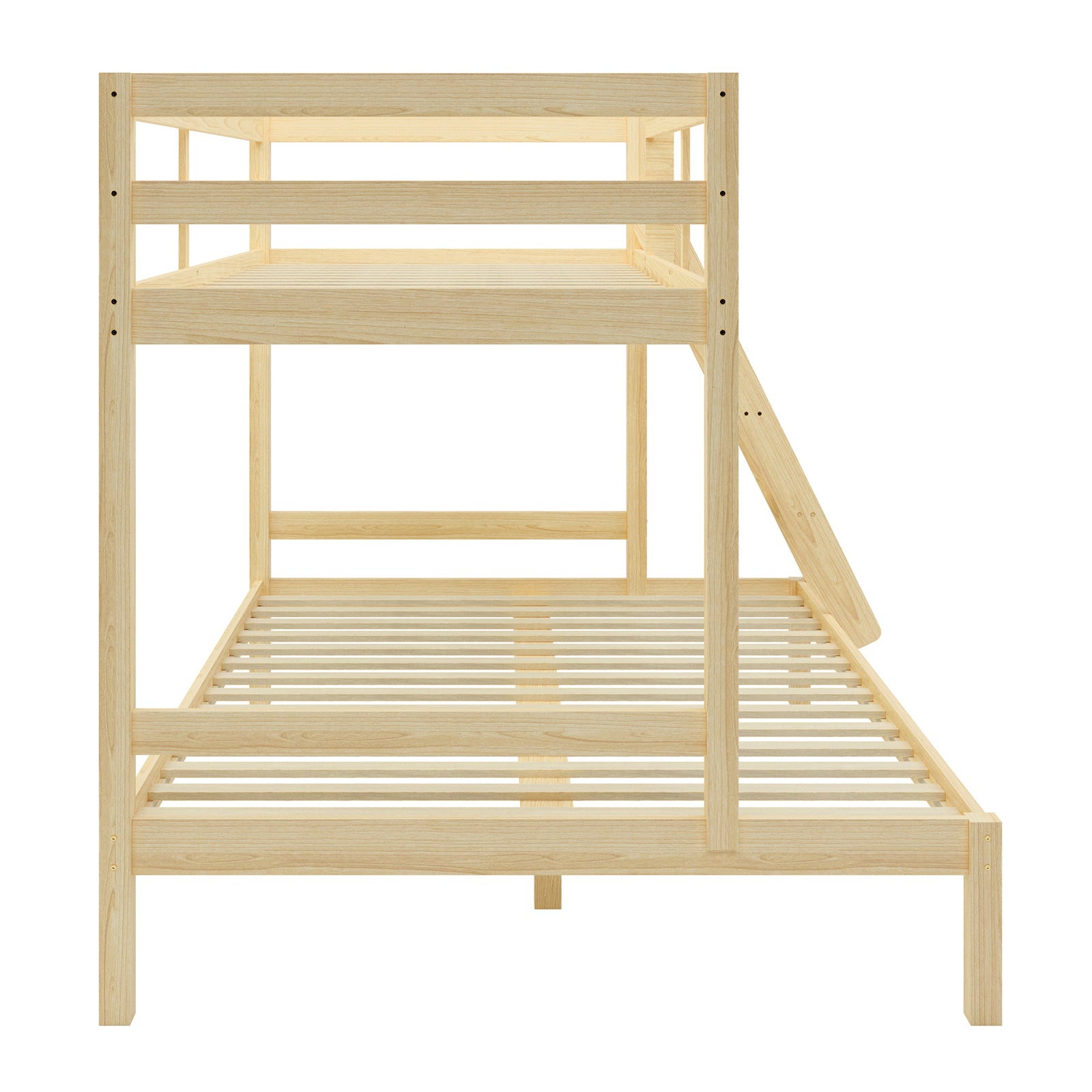 Antonia Wooden Triple Bunk Bed - Natural with a slide, featuring a sturdy pine wood frame, double-size bottom bunk, single-size top bunk, secure guard rails, and reversible ladder for versatile room placement.