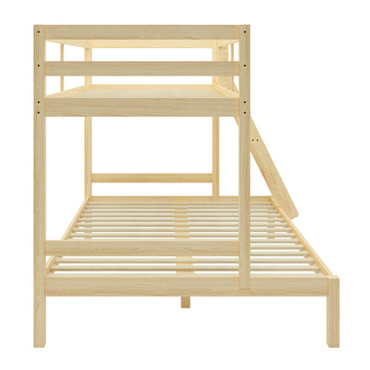 Antonia Wooden Triple Bunk Bed - Natural with a slide, featuring a sturdy pine wood frame, double-size bottom bunk, single-size top bunk, secure guard rails, and reversible ladder for versatile room placement.