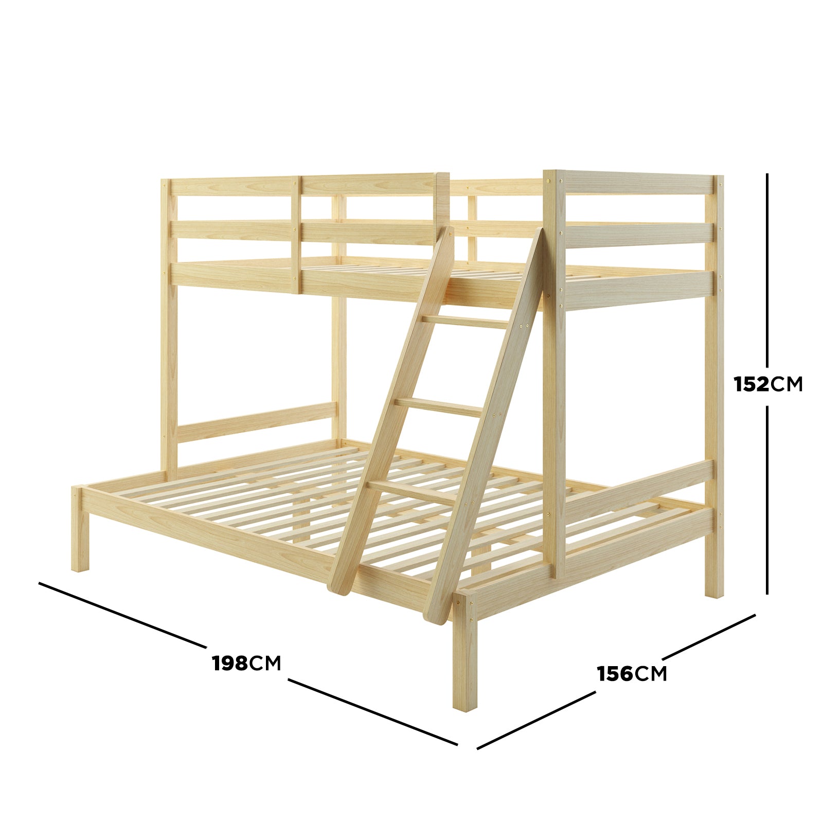 Antonia Wooden Triple Bunk Bed - Natural features a solid pine wood frame with a triple bunk configuration, secure guard rails, and a reversible ladder, offering a stylish, space-saving sleeping solution.