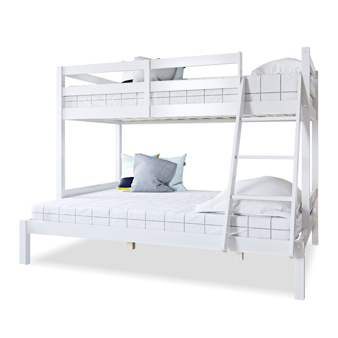Antonia Wooden Triple Bunk Bed - White: a sturdy, space-saving bunk bed with a double-size bottom bunk, single-size top bunk, guard rails, and a reversible ladder, ideal for modern bedrooms.
