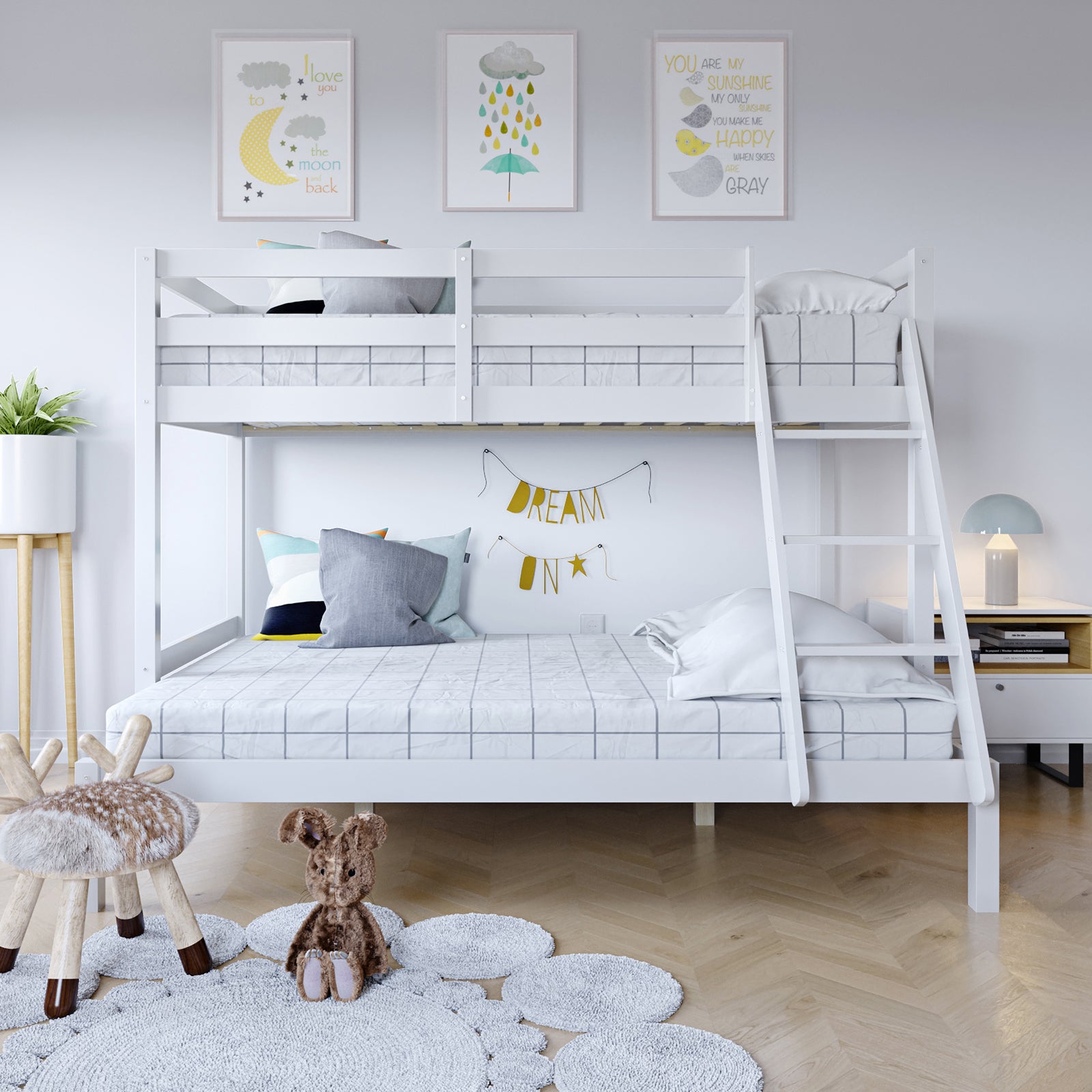 Antonia Solid Wood Triple Bunk Bed - White in a room, showcasing its double bottom and single top bunks, solid timber frame, and secure guard rails, designed for space-saving and comfort.
