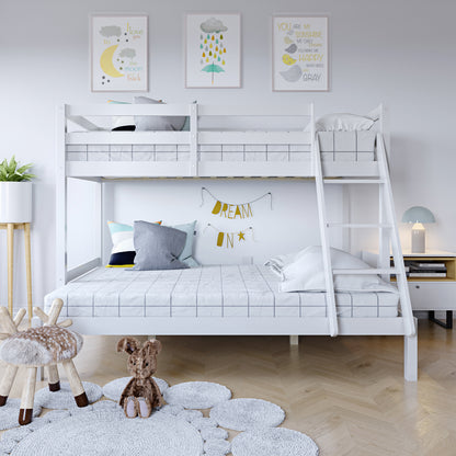 Antonia Solid Wood Triple Bunk Bed - White in a room, showcasing its double bottom and single top bunks, solid timber frame, and secure guard rails, designed for space-saving and comfort.