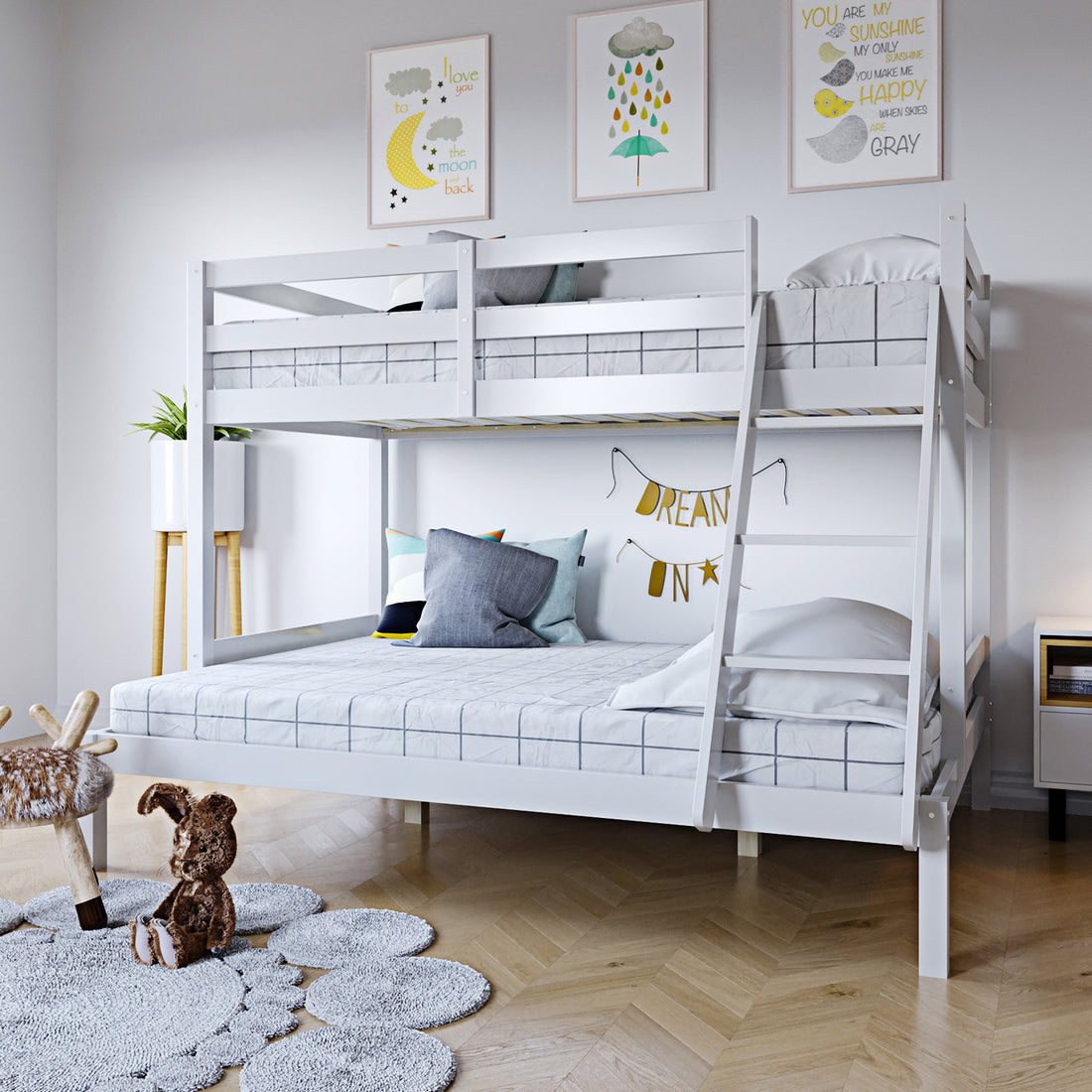 Antonia Solid Wood Triple Bunk Bed - White; features a solid timber frame with a double bottom and single top bunk, secure guard rails, and a reversible ladder, ideal for maximizing space.