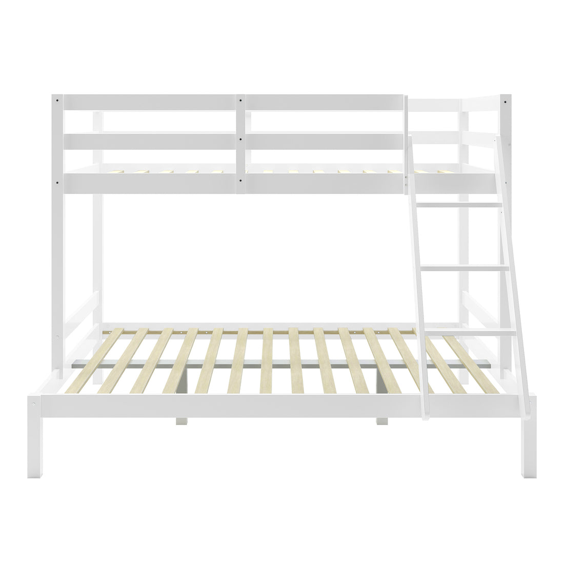 Antonia Wooden Triple Bunk Bed - White features a sleek white frame with wooden slats and a sturdy reversible ladder, designed for triple sleeping with secure guard rails and space-saving functionality.
