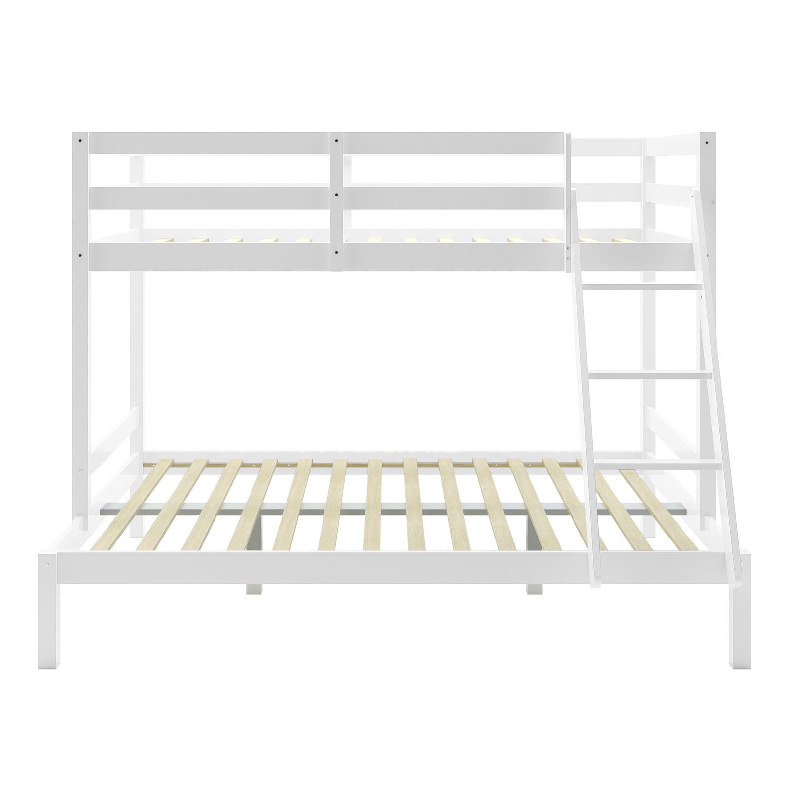 Antonia Wooden Triple Bunk Bed - White features a sleek white frame with wooden slats and a sturdy reversible ladder, designed for triple sleeping with secure guard rails and space-saving functionality.