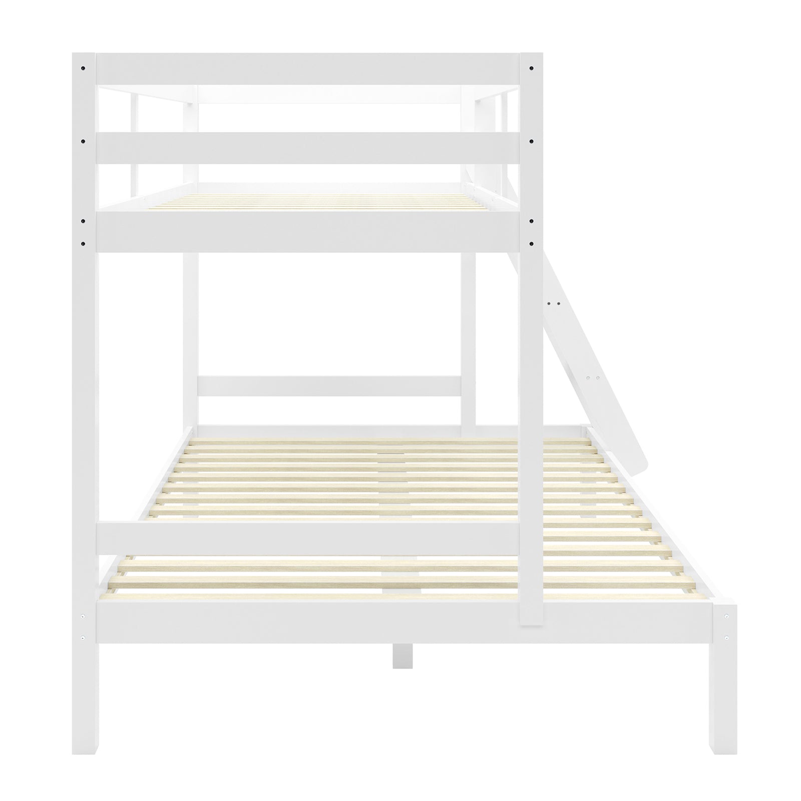 Antonia Solid Wood Triple Bunk Bed - White, featuring a sleek white finish, wooden slats, a ladder, and an optional slide, ideal for maximizing space in children's or guest rooms.