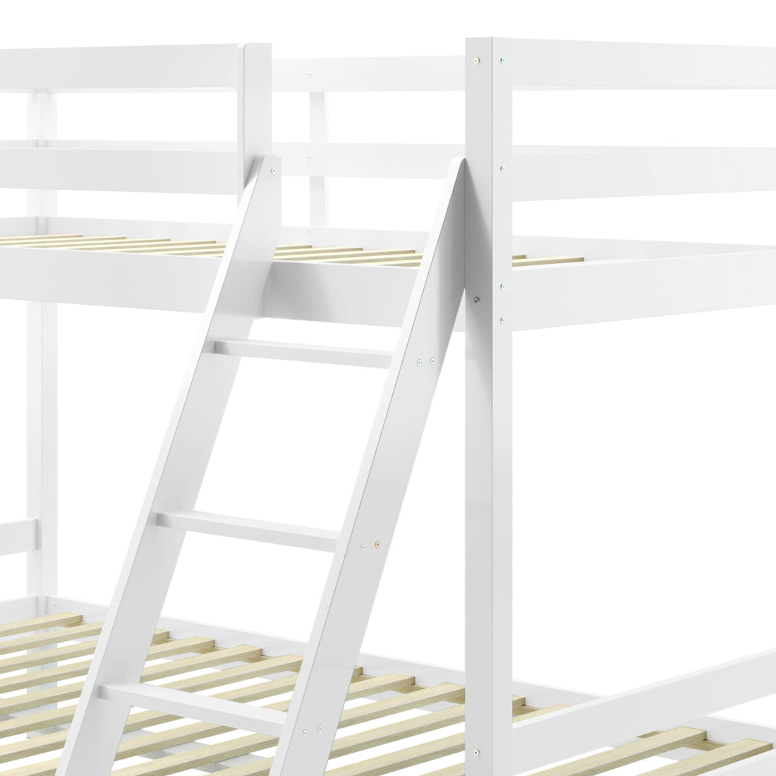 Antonia Wooden Triple Bunk Bed - White, featuring a sturdy solid wood frame with a double bottom and single top bunk, complete with a secure ladder for easy access.