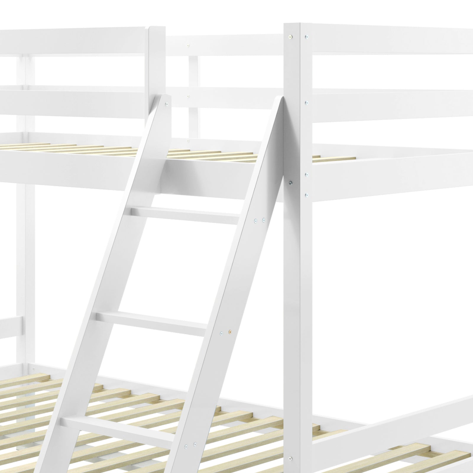 Antonia Wooden Triple Bunk Bed - White, featuring a sturdy solid wood frame with a double bottom and single top bunk, complete with a secure ladder for easy access.