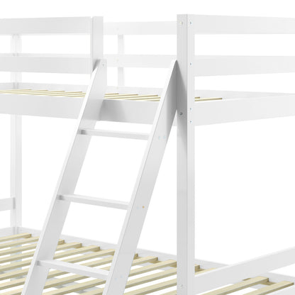 Antonia Wooden Triple Bunk Bed - White, featuring a sturdy solid wood frame with a double bottom and single top bunk, complete with a secure ladder for easy access.