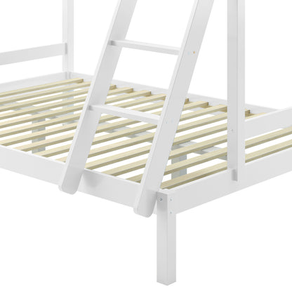 Antonia Solid Wood Triple Bunk Bed - White featuring a sturdy timber frame, a double bottom bunk, single top bunk, and a secure, reversible ladder for safety, ideal for maximizing bedroom space.