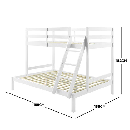 Antonia Solid Wood Triple Bunk Bed - White, featuring a double bottom and single top bunk with a secure guard rail and reversible ladder, crafted for space-saving functionality and modern design.
