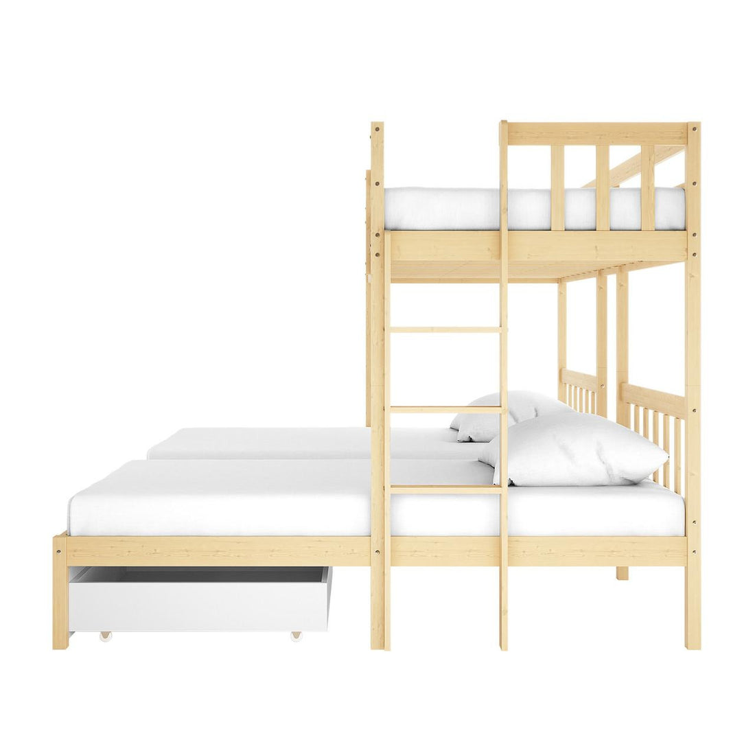 Aristos Triple Bunk Bed with Side Table in White & Natural features a light-wood setup with a top bunk, guard rails, central ladder, lower perpendicular bunk, and a white trundle drawer underneath.
