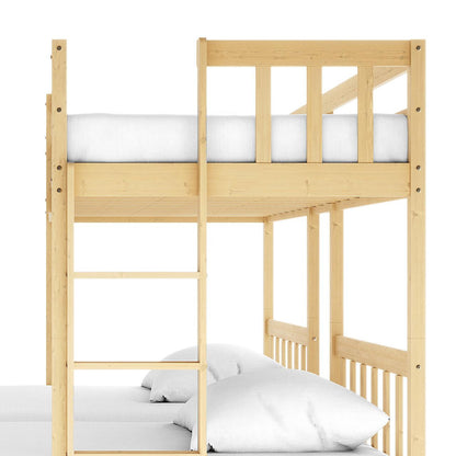 Aristos Triple Bunk Bed with Side Table in White & Natural features a two-tier wooden frame with a built-in ladder, white mattresses, and pillows, offering a functional, stylish space-saving solution for children's rooms.