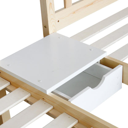 Aristos Triple Bunk Bed with Side Table in White & Natural features a wooden frame with exposed pine slats and integrated white pull-out drawer, offering under-bed storage and a flat top surface.