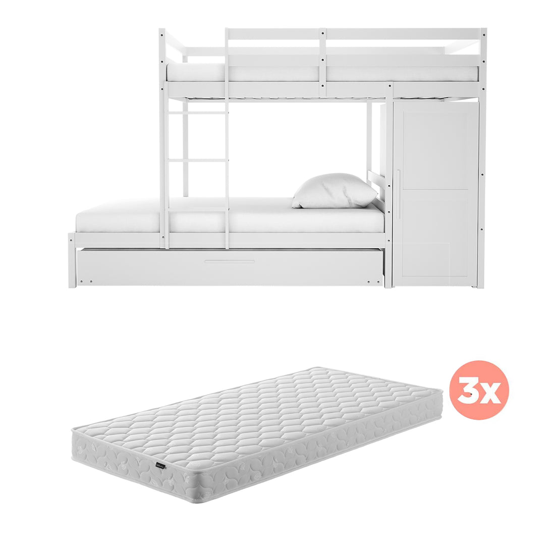 Aron Bunk Bed with Thermis Mattress - White features a two-level setup with built-in ladder, side wardrobe, and pull-out trundle, complemented by three matching twin-size mattresses, optimizing space for sleepovers.