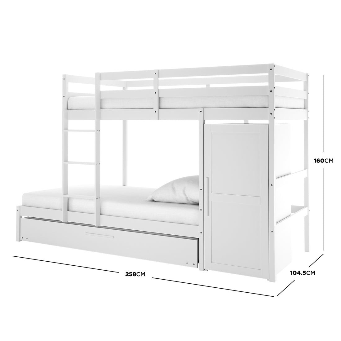 Aron Bunk Bed with Thermis Mattress - White, featuring a loft-style design with three sleeping surfaces, built-in storage, safety rails, a trundle drawer, wardrobe unit, and vertical ladder for top bunk access.