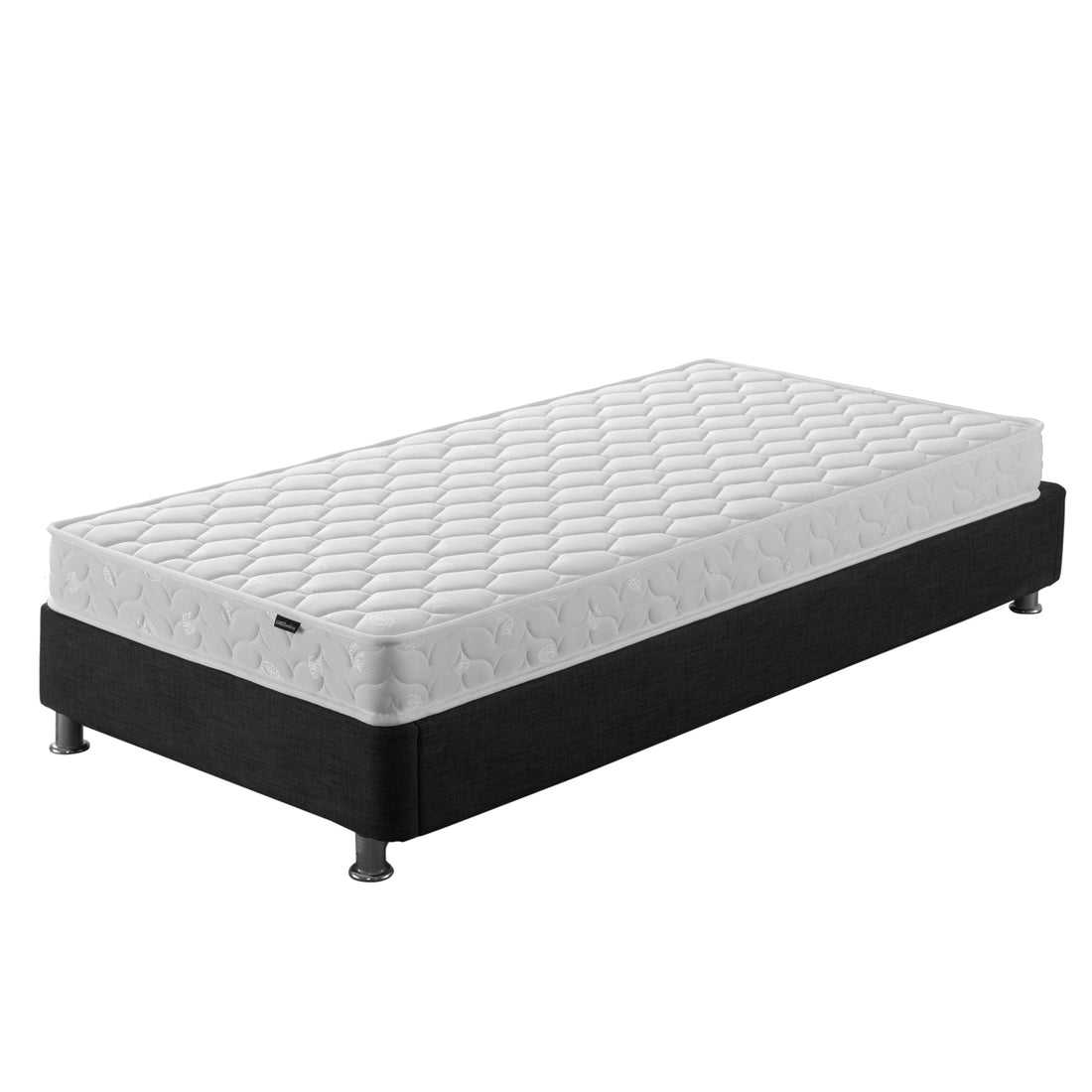 Aron Bunk Bed with Thermis Mattress - White, featuring a quilt-top mattress on a dark fabric-covered box-spring with metal legs, perfectly supports the versatile bunk bed setup for children's rooms.