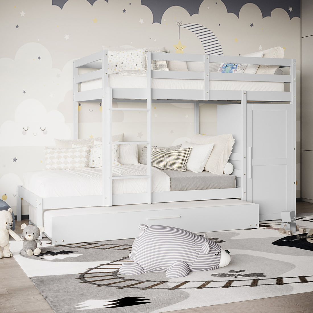 Aron Bunk Bed with Thermis Mattress - White, featuring a loft-style design with a full-size lower bed, trundle, and ladder, against a playful cloud-themed mural, ideal for a cozy children's room.