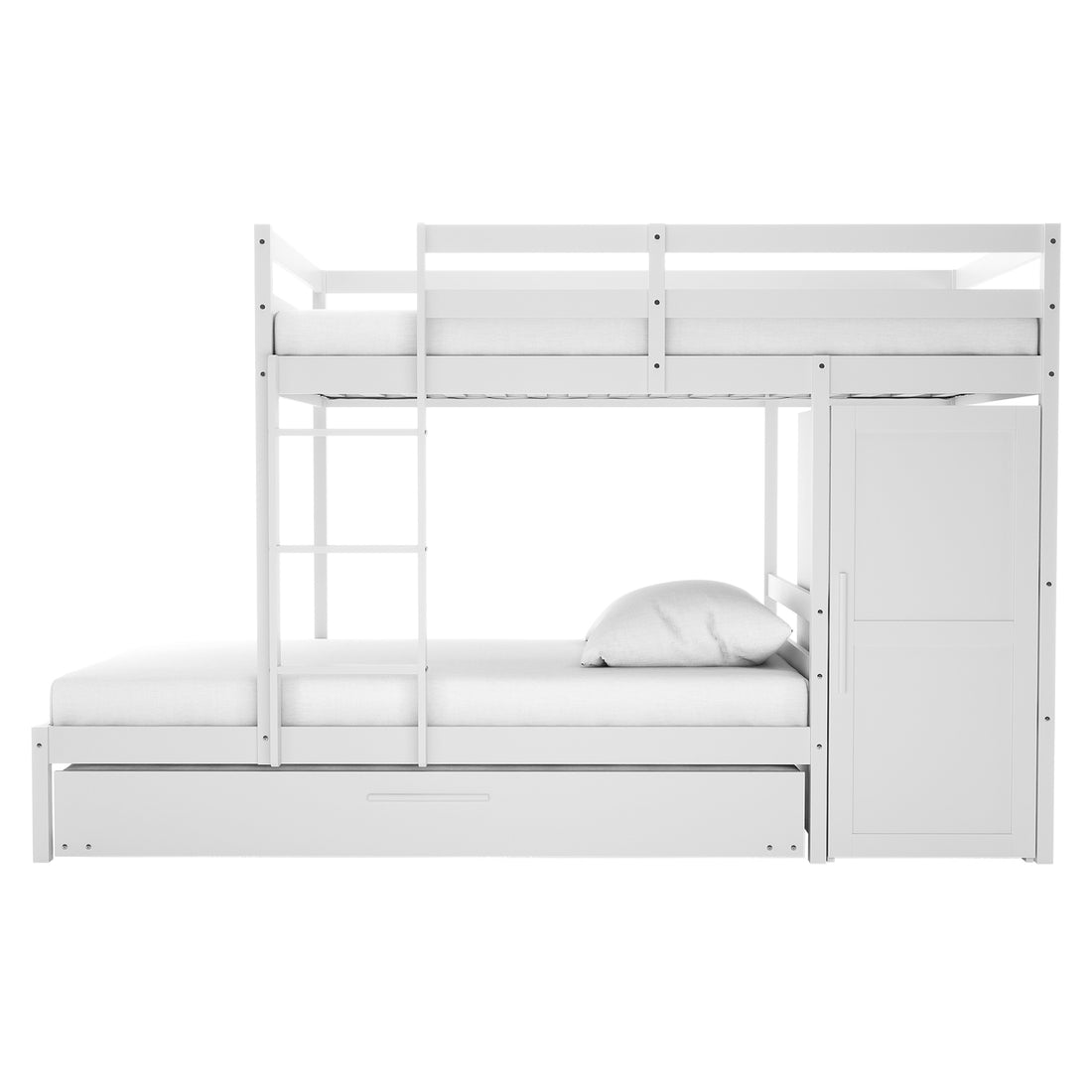 Aron Bunk Bed with Thermis Mattress - White features a triple-bunk setup with guardrails, ladder, perpendicular middle bunk, pull-out trundle, and integrated wardrobe, offering versatile, space-saving functionality for children's bedrooms.