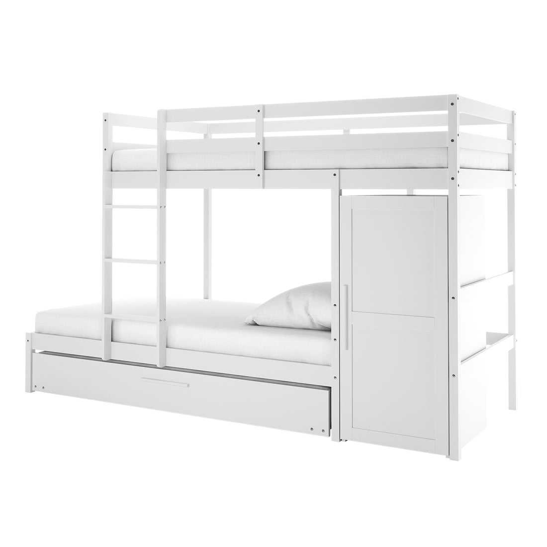 Aron Bunk Bed with Thermis Mattress - White, featuring upper and lower platforms, a short ladder, built-in wardrobe, and pull-out trundle, designed for space-saving comfort and functionality.